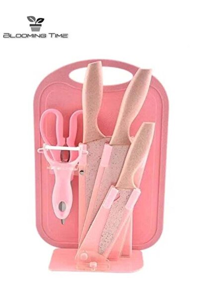 BLOOMING TIME 7-Piece Wheat Straw Kitchen Knife With Cutting Board Set Pink