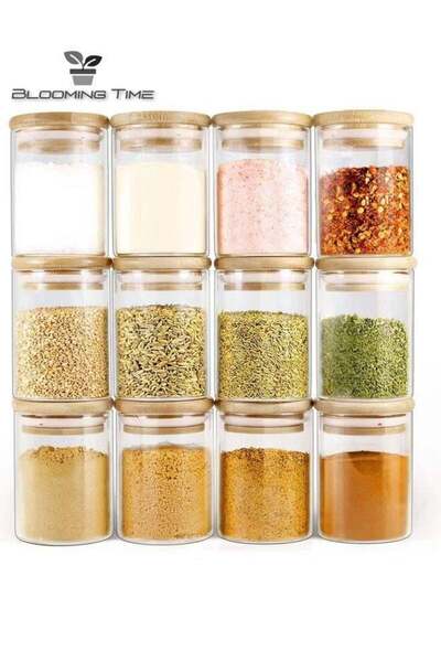 BLOOMING TIME 12 برطمان تخزين زجاجي بأغطية خشبية