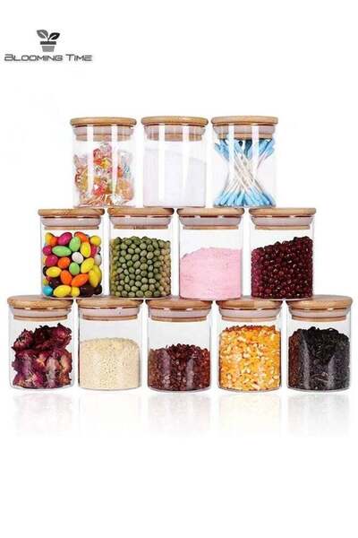 BLOOMING TIME 12 Piece Glass Storage Cans, Can Hold Spices, With Wooden Seale...