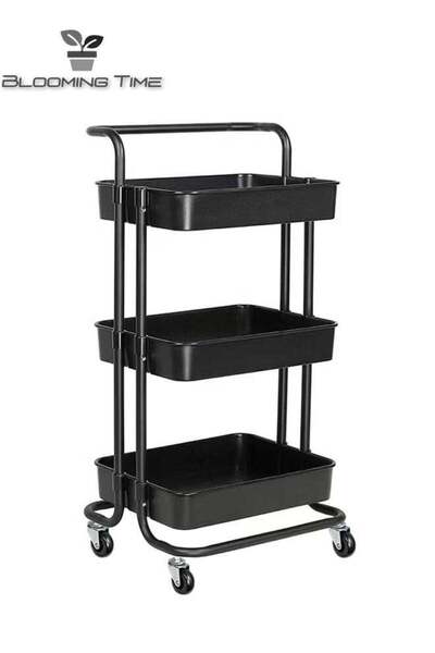BLOOMING TIME 3-tier mobile storage cart with handrails - black