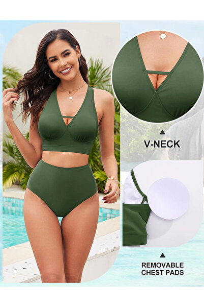 TUOPUDA Women Two Piece High Waist V-Neck Push Up Bikini Set (Green, M)