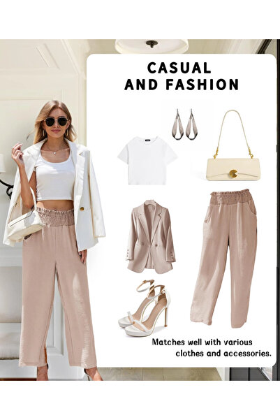 Vans Vansha Women High Waisted Cotton Linen Palazzo Pants, Khaki, S