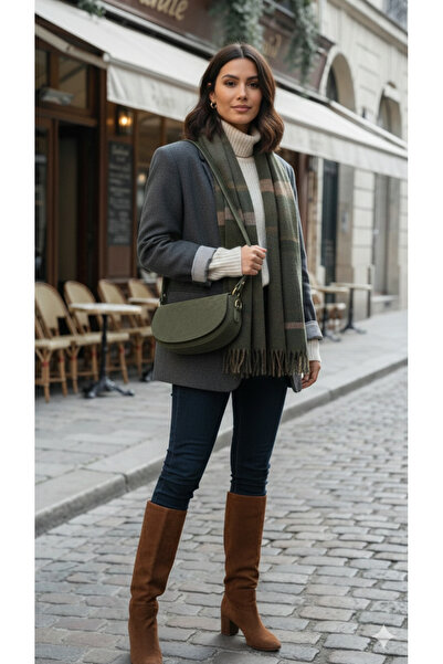 themoiss Khaki Green Suede Color Zra Model Hand and Shoulder Bag