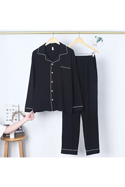 MOFIZ Women's Long Winter Soft Pyjamas Set with Buttons Long Sleeve V-Neck Black L