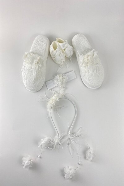 Lohusa Homewear Women's Ecru Pearl Stone Maternity Crown Slippers Bandana Baby Booties Set of 4 Effort