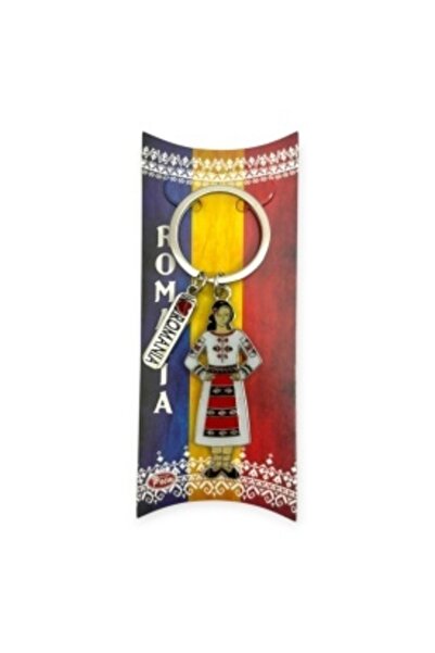 Ceramica Martinescu Metal keychain I love Romania – woman in traditional costume, gift ready