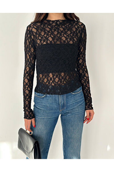 02Lady Fashion Δαντελένια ελαστική μπλούζα με λαιμόκοψη με δαντέλα