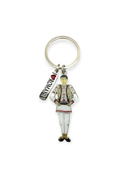 Ceramica Martinescu Metal keychain 'I love Romania' – man in traditional costume, gift ready packaged
