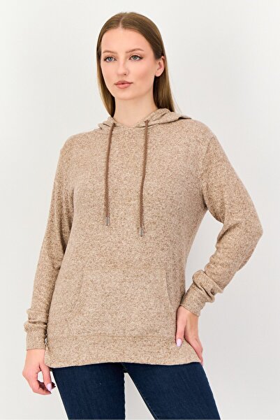Poof Women Heather Long Sleeve Hooded Sweatshirt, Light Brown