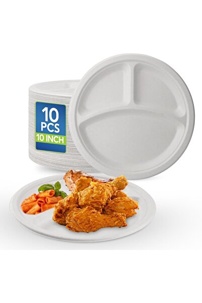SNH Packing 10" 3-Compartment White Disposable Plates (10 Pack) - Bagasse Sugarcane, Compostable