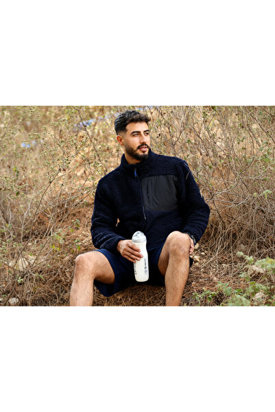 TKT Μπουφάν Navy Blue Lamb Welsoft Fleece με φερμουάρ και 3 τσέπες με λεπτομέρεια στο μπροστινό μέρος, πλήρες μέγεθος