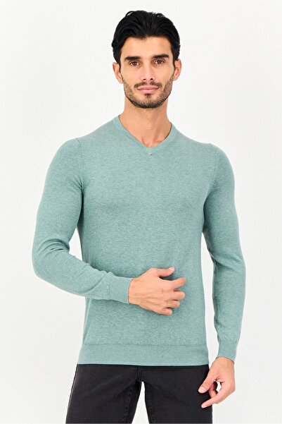 CELIO Men V Neck Long Sleeve Heather Sweater, Green
