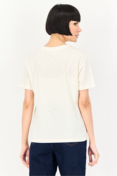 Brave Soul Women Crew Neck Short Sleeve Embroidered T-Shirt, Cream