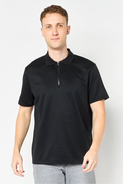 Chaps Men Regular Fit Textured Short Sleeve Half Zipper Polo Shirt, Black