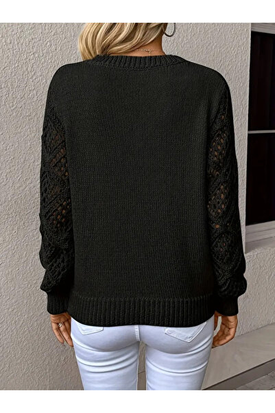 MADAMNİZ Women's long-sleeved V-neck Sleeve-hole Diamond Pattern Detailed Knitwear Sweater