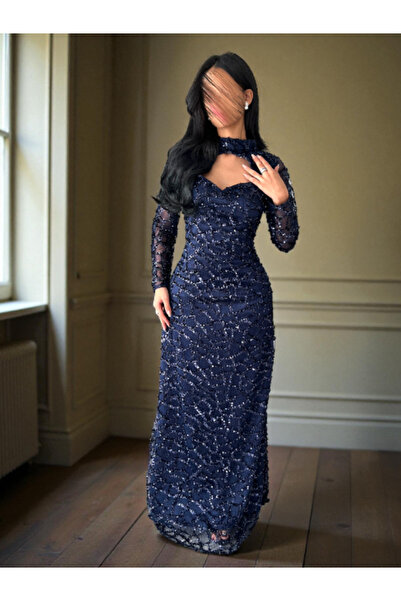 Nice Model Sequined Long-Sleeve Evening Gown | Formal Maxi Dress with Embelli...