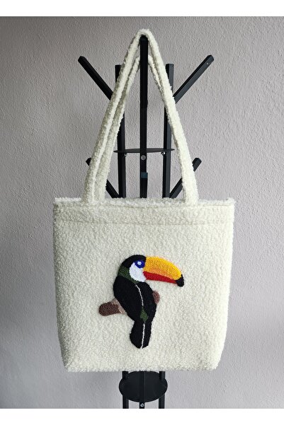 CieloHandmade El Yapımı Punch İşlemeli Tukan Kuşu Desenli Teddy Tote Çanta – ...