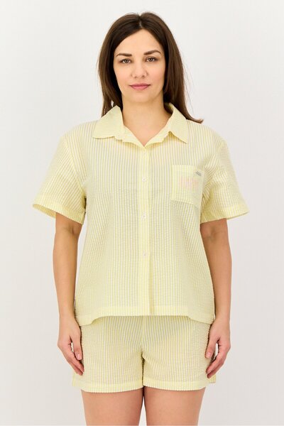 Rae dunn Women 2 Pieces Spread Collar Embroidered Short Sleeve Pajama Set, Mu...