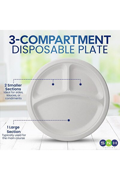 SNH Packing 10" 3-Compartment White Disposable Plates (10 Pack) - Bagasse Sugarcane, Compostable