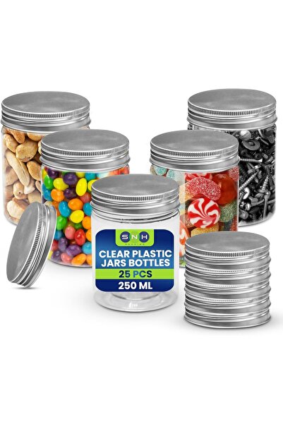 SNH Packing 25 Pieces 250ml Clear Plastic Jars with Silver Ribbed Lids