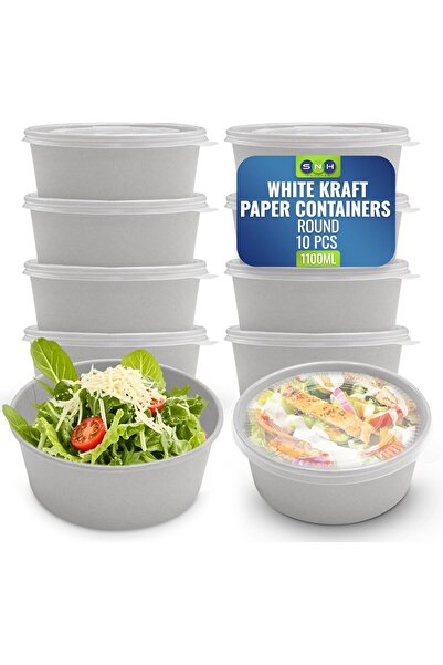 SNH Packing 10-Pack 1100ml White Round Disposable Paper Bowls with Clear Lids