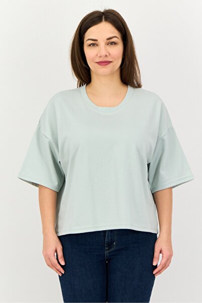 Core Elements Women Ribbed Neck Short Sleeve Plain Top, Mint Green