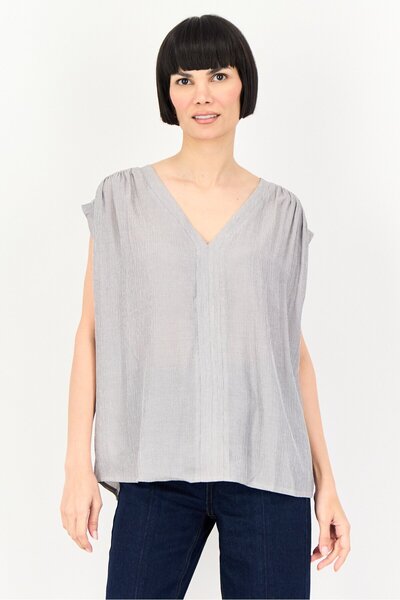 PROMOD Women V-Neck Textured Sleeveless Tank Top, Grey