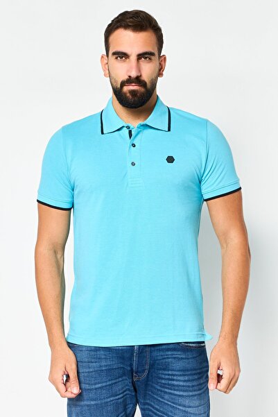 Cerruti 1881 Men Regular Fit Embroidered Logo Short Sleeve Polo Shirt, Turquoise