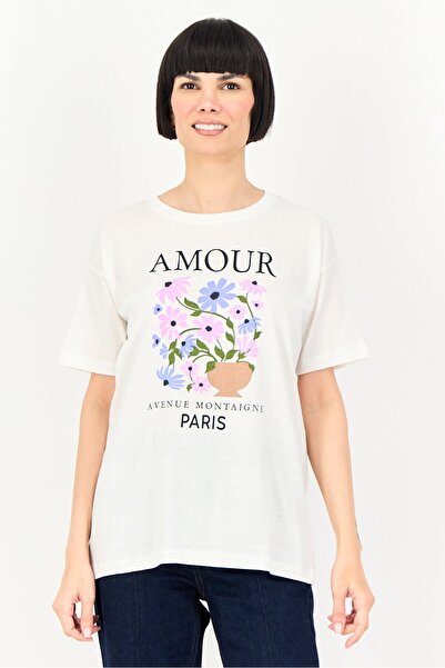 Brave Soul Women Crew Neck Short Sleeve Graphic Print T-Shirt, Cream