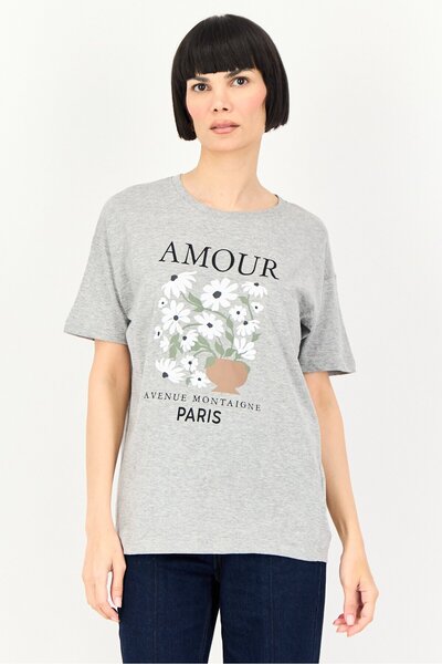 Brave Soul Women Crew Neck Short Sleeve Graphic Print T-Shirt, Grey