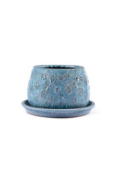 Verde SA Dark blue circular engraved vase accessory with plate