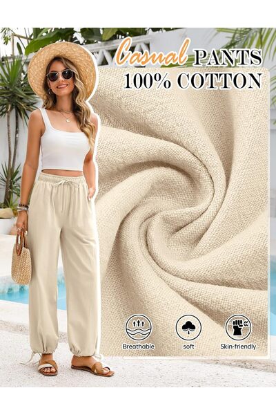 Niwicee Women's Linen Muslin Cotton Trousers High Waist Wide Straight Loose Casual Khaki M