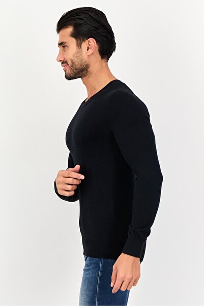 CELIO Men V Neck Long Sleeves Plain Sweaters, Black
