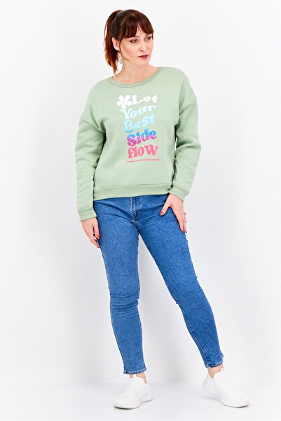 Buzz Women Round Neck Graphic Long Sleeves Sweatshirt, Light Olive