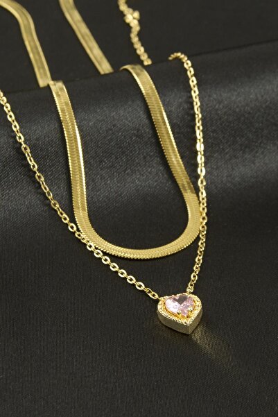 nolva قلادة مزدوجة من الفولاذ المقاوم للصدأ بحجر الزركون على شكل قلب