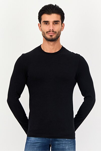 CELIO Men Crew Neck Long Sleeve Plain T-Shirts, Black