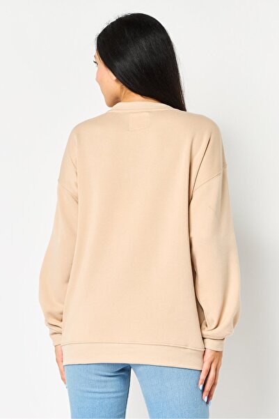 No Comment Women Crew Neck Embroidered Sweatshirt, Dark Beige