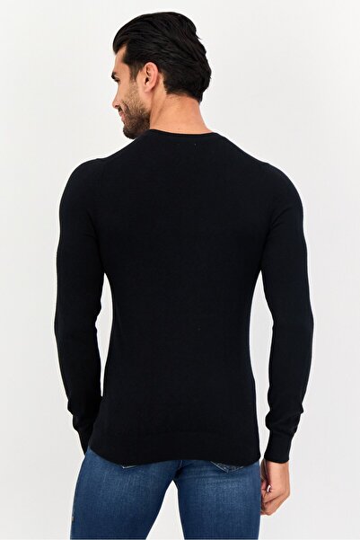 CELIO Men V Neck Long Sleeves Plain Sweaters, Black