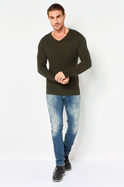 Hawker Rye Men V-Neck Knitted Long Sleeve Sweater, Forest Green