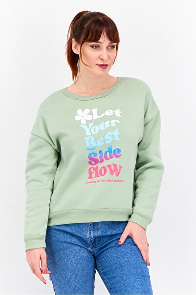 Buzz Women Round Neck Graphic Long Sleeves Sweatshirt, Light Olive