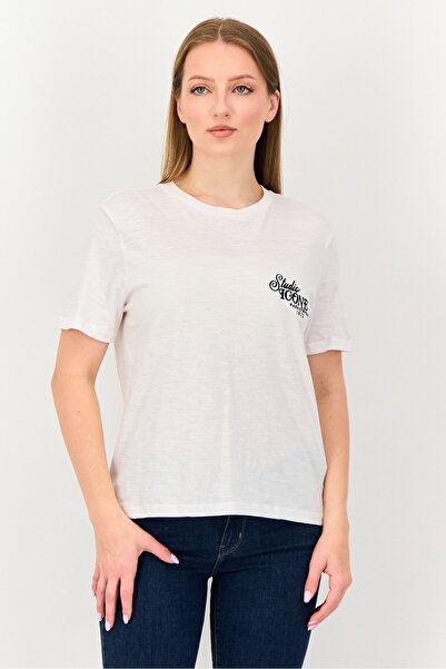Brave Soul Women Crew Neck Short Sleeve Embroidered T-Shirt, White