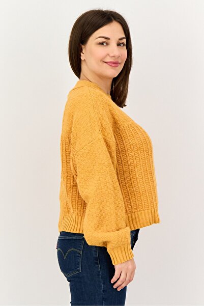 MOHITO Women Ribbed Neck Textured Long Sleeve Sweaters, Orange