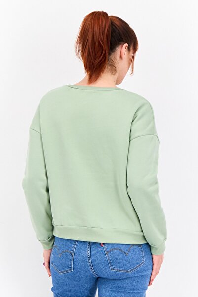 Buzz Women Round Neck Graphic Long Sleeves Sweatshirt, Light Olive