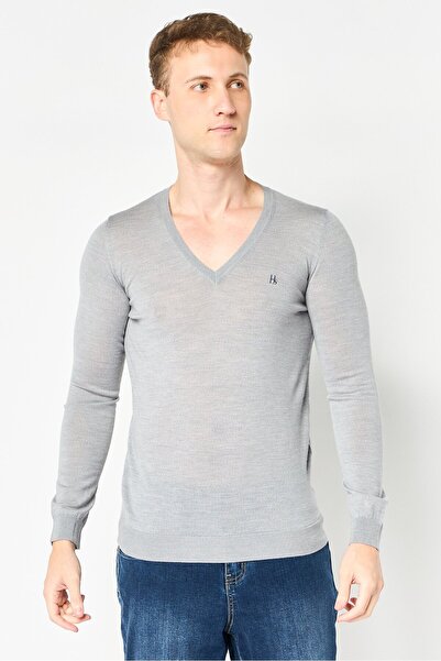 Harmont & Blaine Sport Men V-Neck Embroidered Logo Long Sleeve Sweater, Grey