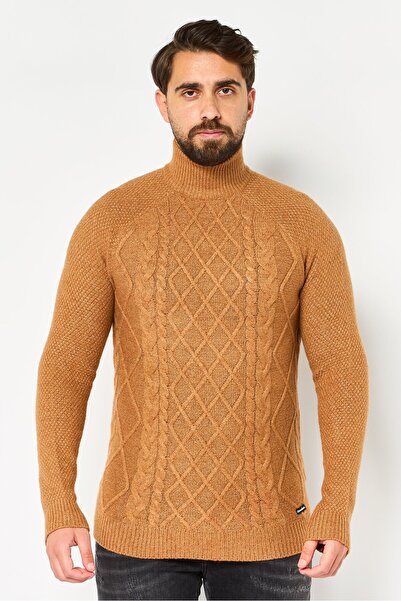 Threadbare Men Mock Neck Crochet Sweater, Camel