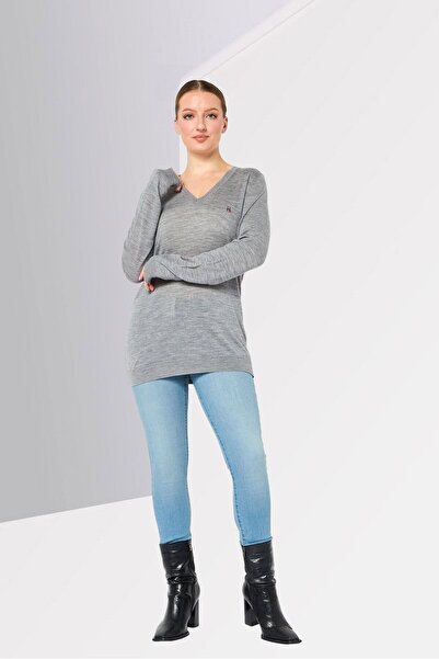 Harmont & Blaine Sport Women V Neck Embroidered Logo Long Sleeve Sweater, Grey
