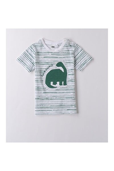 İDO I Do - Striped T-shirt with Dinosaur Print for Boys, White/Green, 116 cm