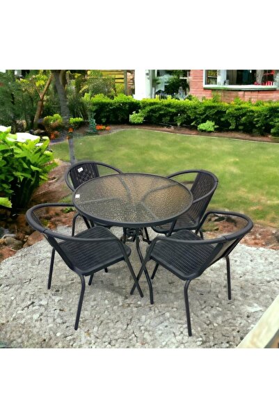 cama Garden table set with 4 chairs, black color, metal design, and round glass table