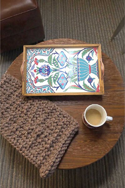 Pordizayn Vintage Ahşap Çerçeveli Çini Desenli Servis Tepsisi El Yapımı Dekor...