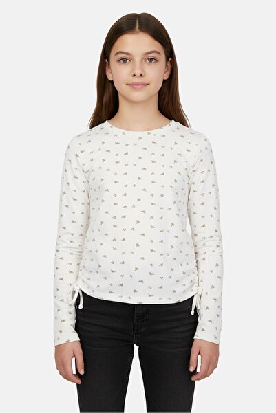 Poof Girl Kids Girl Allover Print Side Ruched Top, Off White